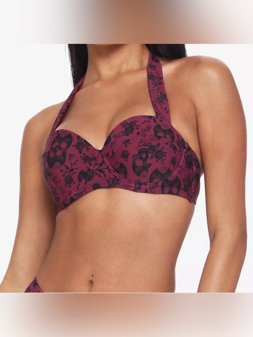 Hot Topic Floral Halter Bikini Top in Purple & Black Size XS Like New